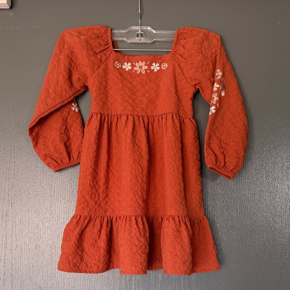 Toddler Floral Embroidered Burnt Orange Babydoll Dress